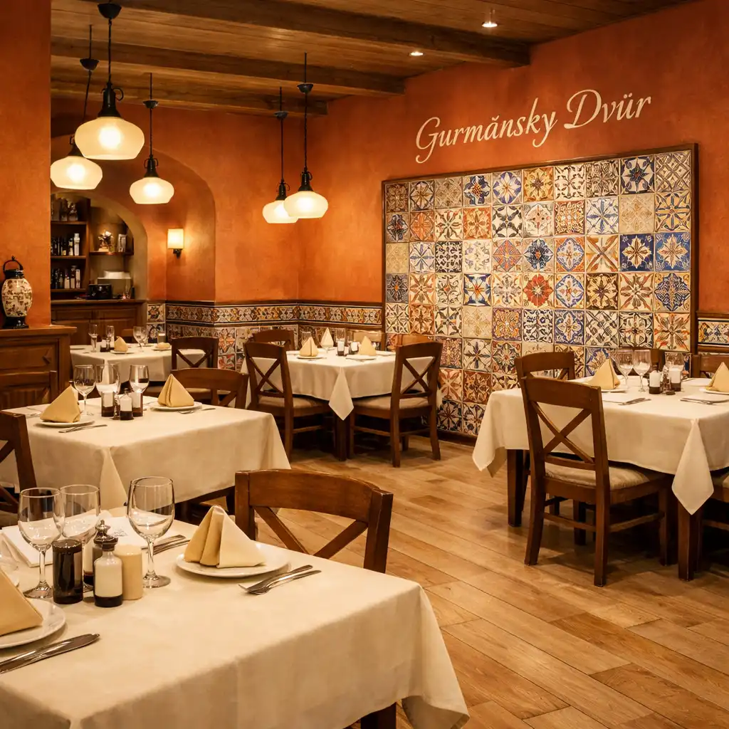 Interiér restaurace Gurmánský Dvůr s terakotovými stěnami, světlým dřevem a dekorativními dlaždicemi