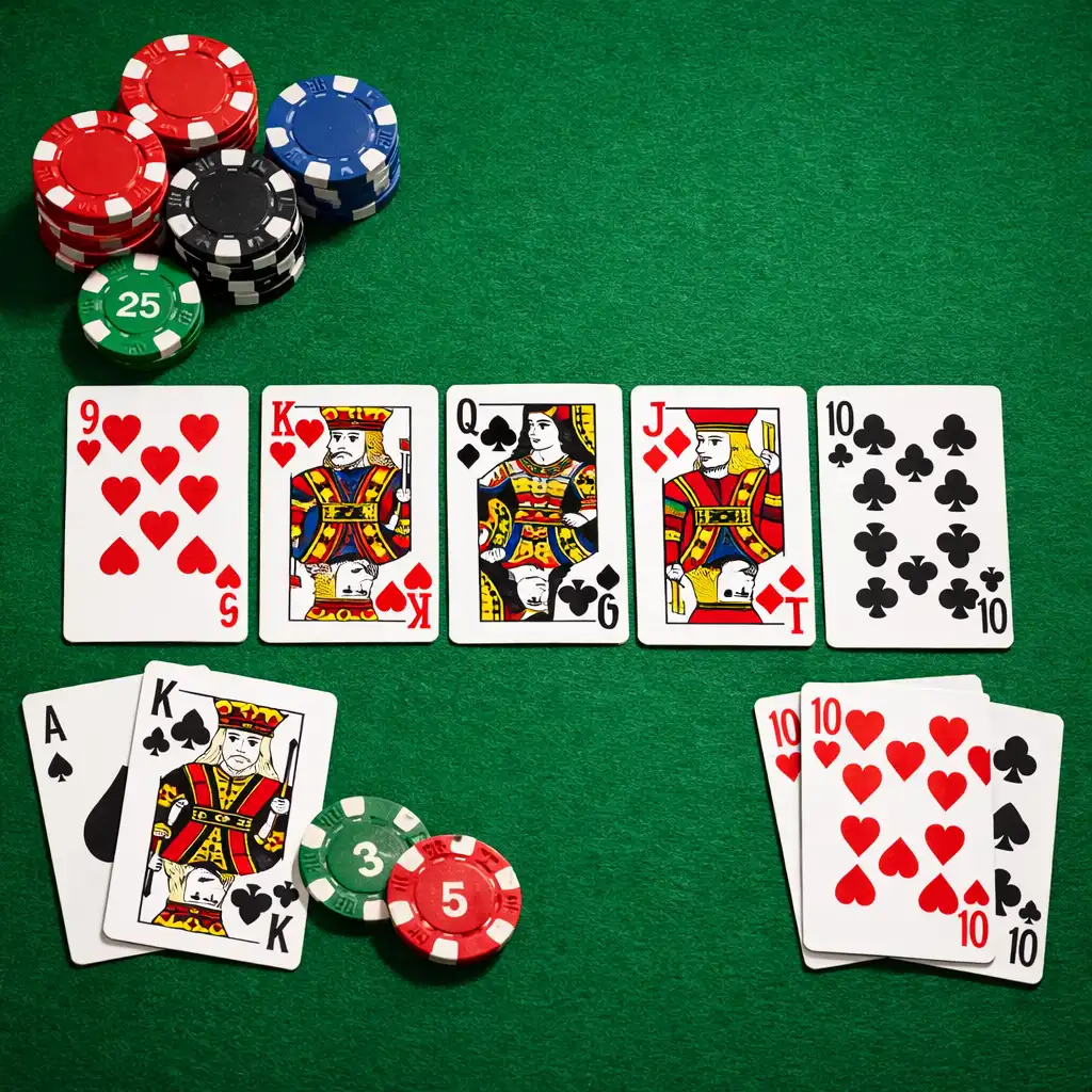 Rozložené pokerové karty na zeleném plátěném stole ukazující kombinaci Texas Hold’em