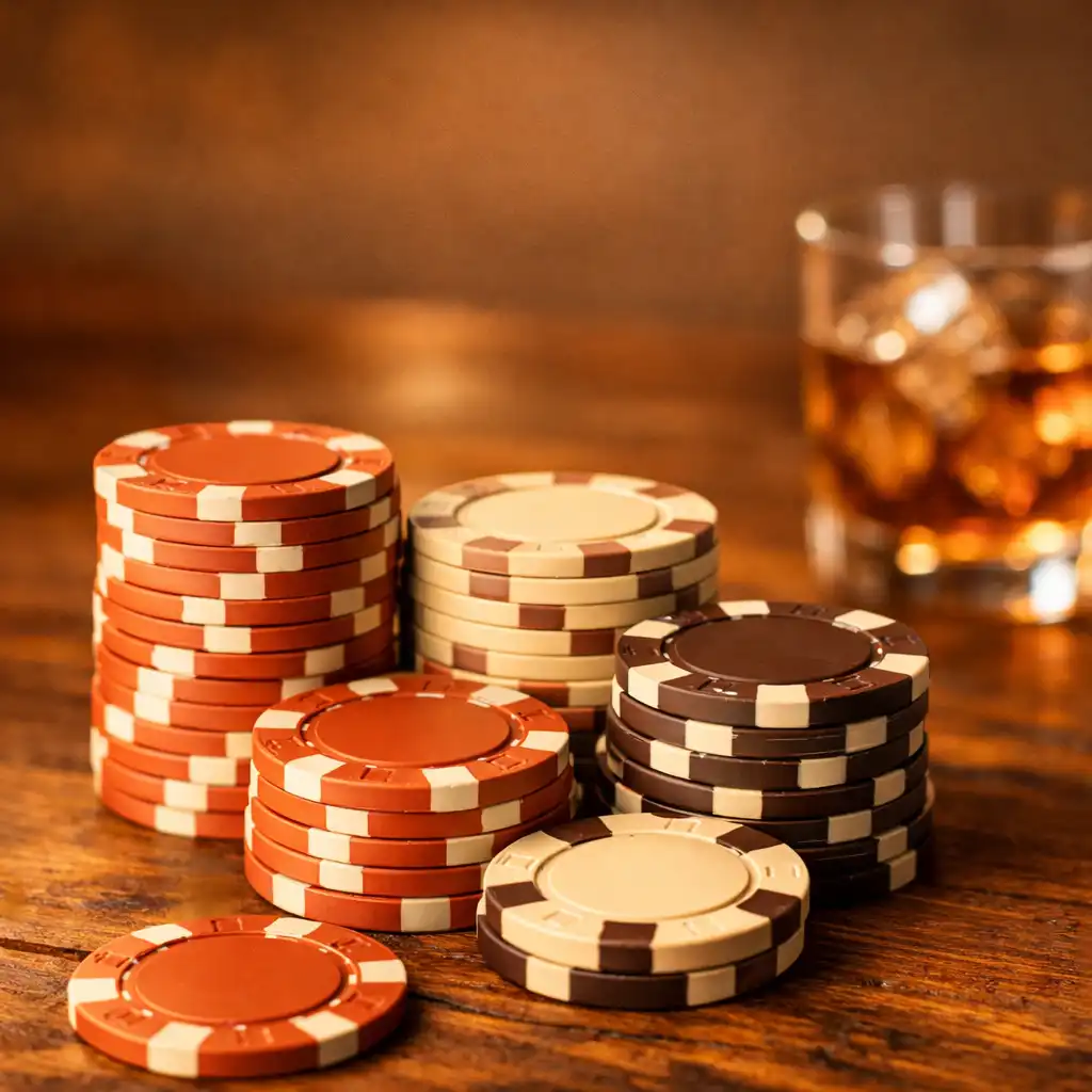 Detailní záběr na hromádku pokerových žetonů v teplém světle restaurace