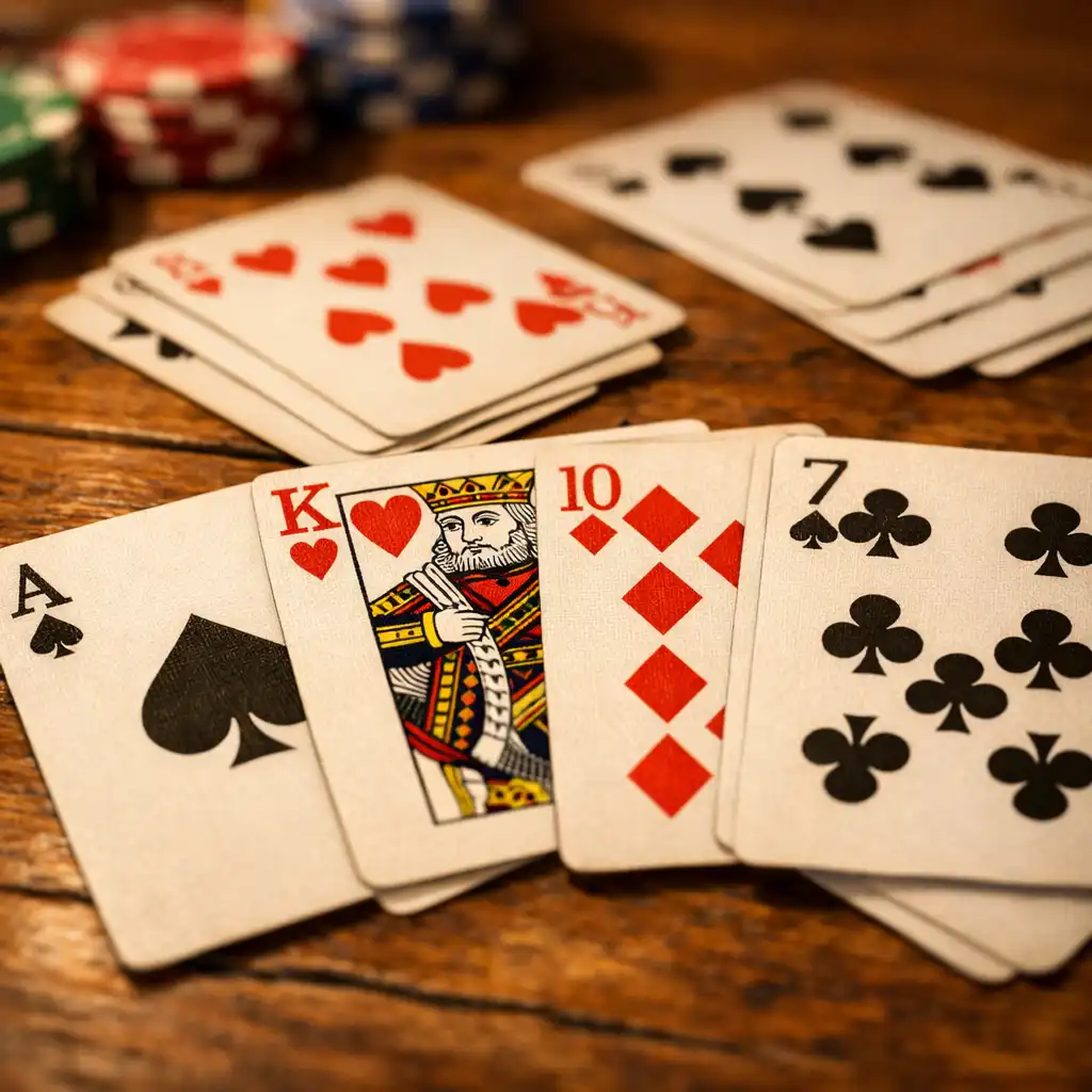 Detailní záběr na rozložené pokerové karty na stole