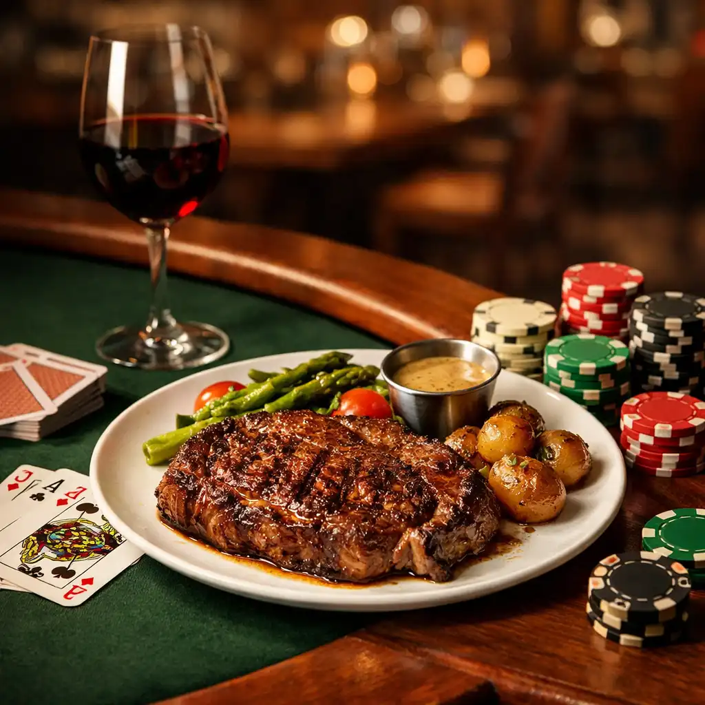 Steak podávaný na okraji pokerového stolu vedle karet a žetonů