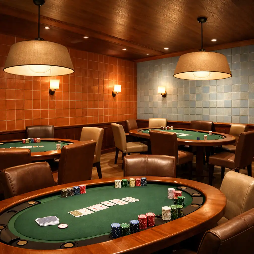 Interiér Poker Room v Gurmánském Dvoře s dřevěnými stoly a keramickými dlaždicemi