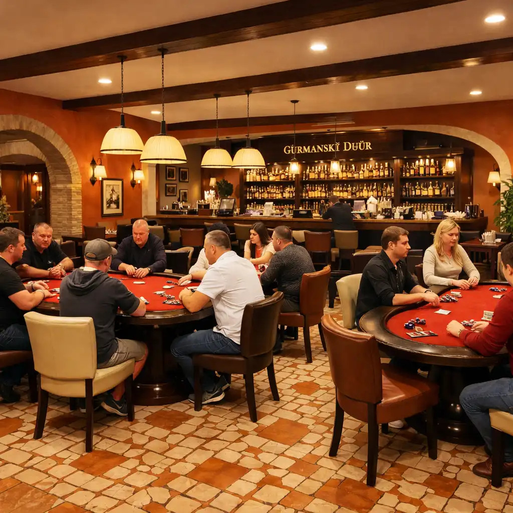 Interiér Poker Room s pokerovými stoly a barem