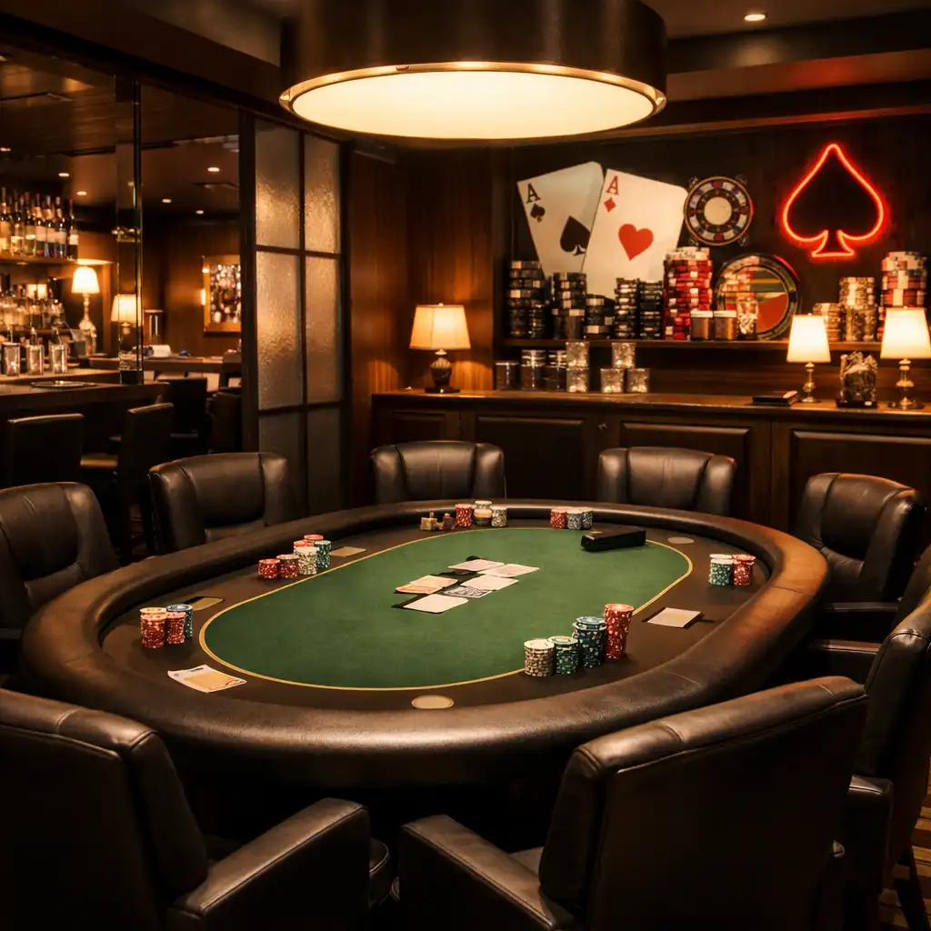 Poker Room s pokerovým stolem uprostřed, tlumené osvětlení a pohodlné židle