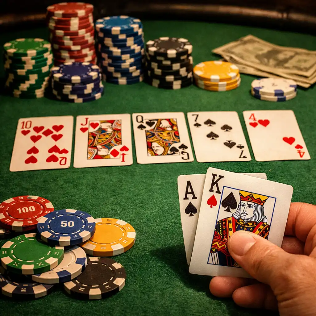 Pokerový stůl s kartami a žetony v Gurmánském Dvoře