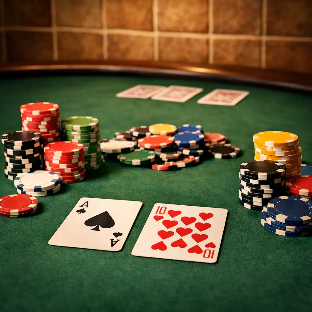 Profesionální pokerový stůl s rozloženými kartami a hromádkami žetonů