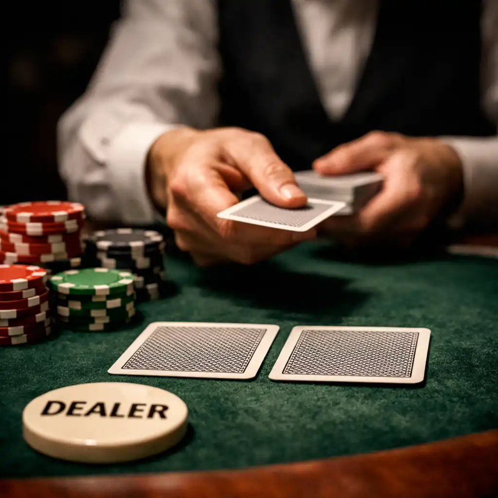 Detail pokerového stolu s kartami, žetony a dealer buttonem
