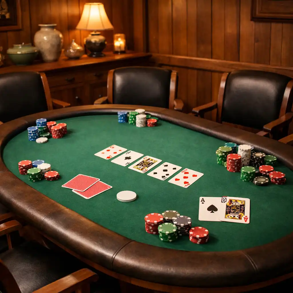 Pohled na profesionální pokerový stůl v útulné místnosti s dřevěným obložením
