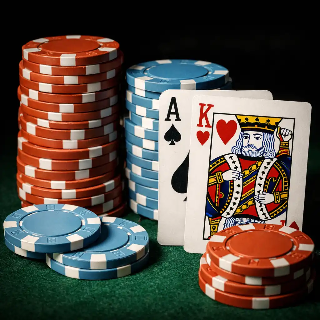 Pokerové žetony a hrací karty na stole, terakotové a světle modré barvy