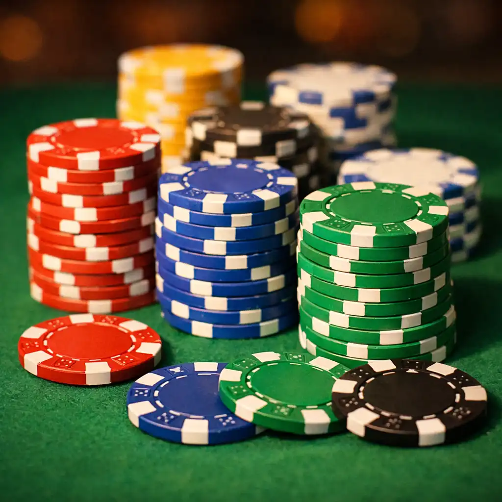 Hromádky pokerových žetonů různých barev na zeleném plátně stolu