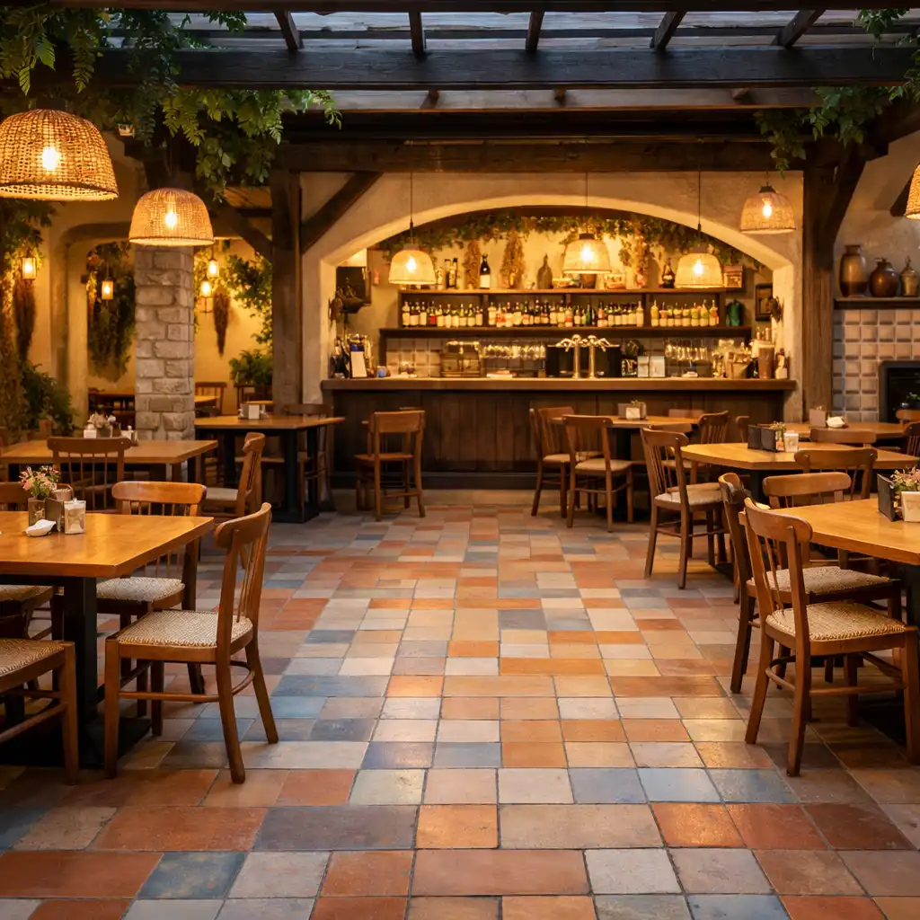 Interiér restaurace Gurmánský Dvůr s teplým osvětlením a keramickou dlažbou