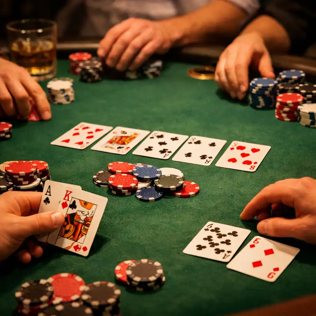 Hráči u pokerového stolu během hry Texas Hold’em, záběr na ruce, karty a žetony
