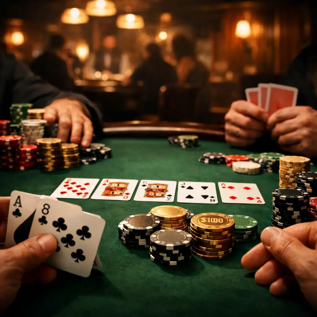 Pohled na pokerový stůl s hráči držícími karty a žetony